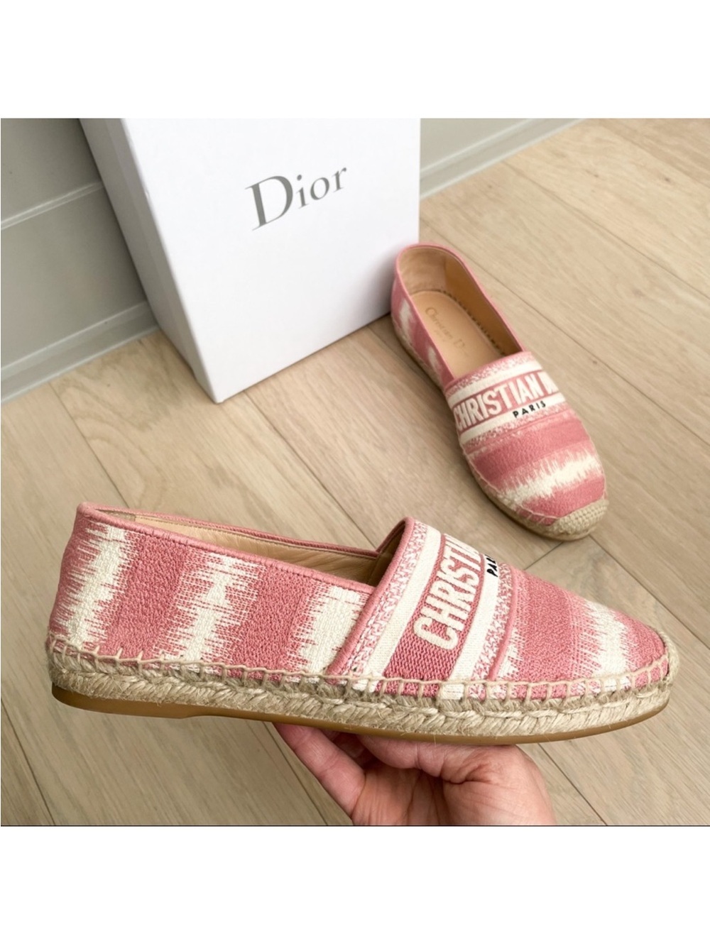 Dior Pink Granville Embroidered D Stripe Cotton Espadrille Flats in Pink & White